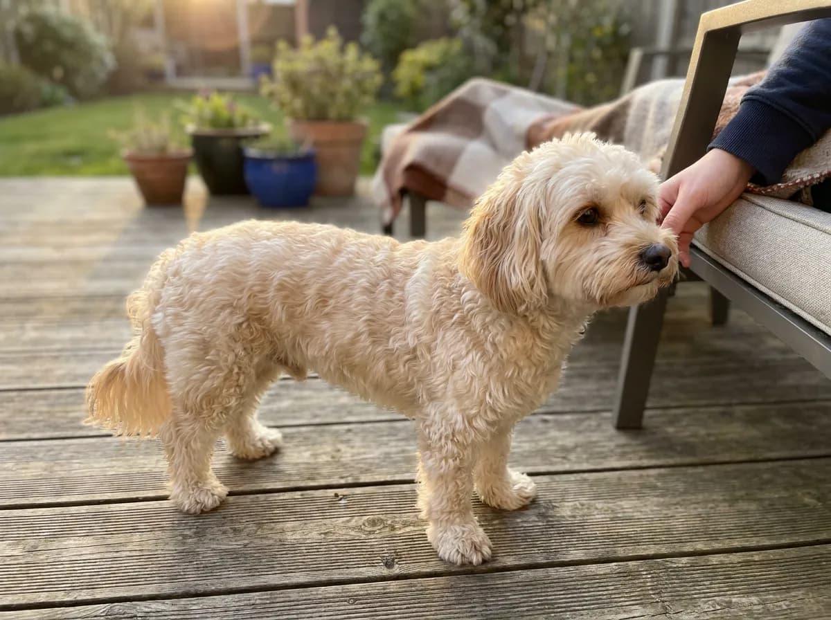 Cream wavy dog standing side-on on a deck