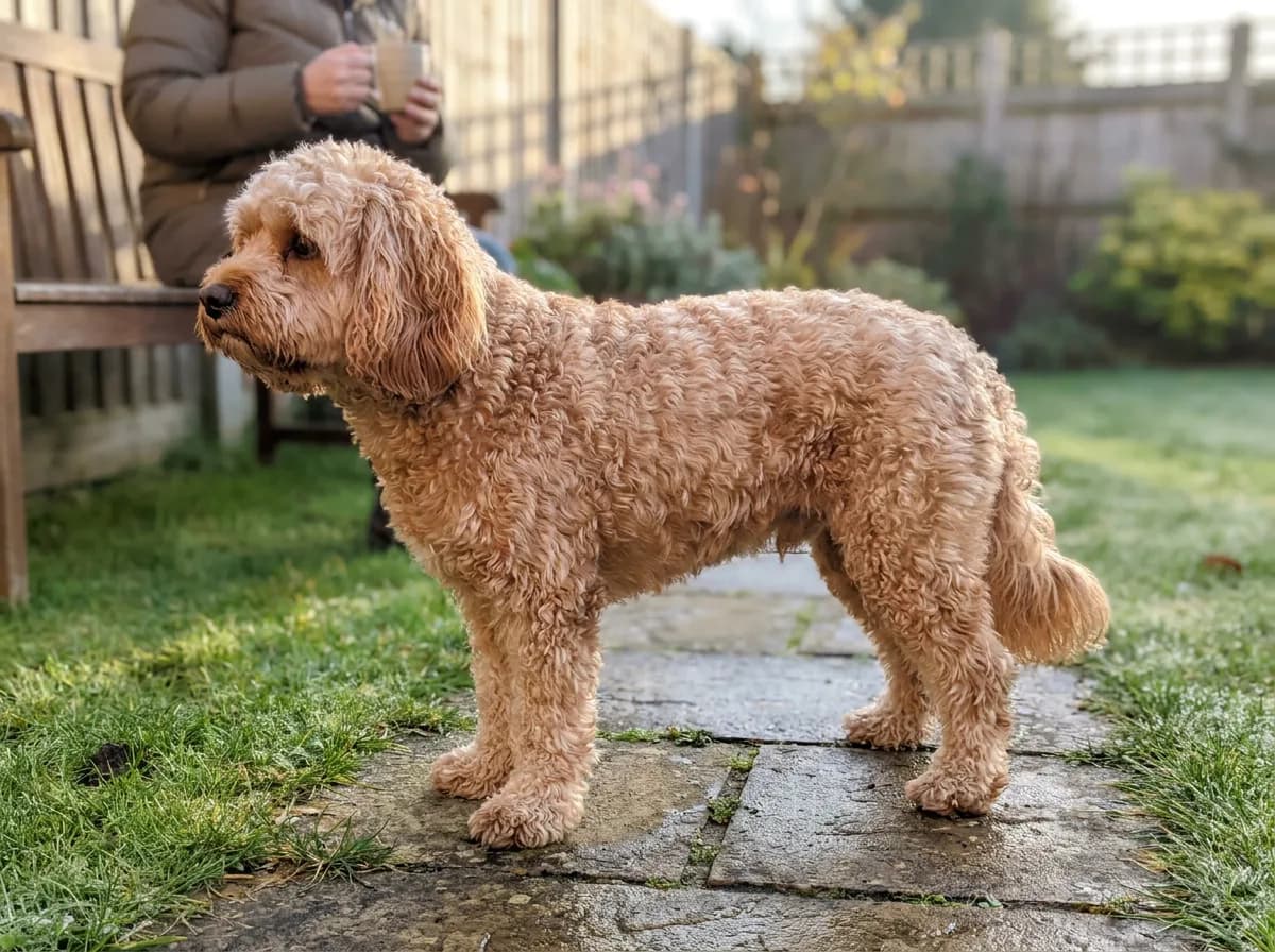 Apricot curly dog standing side-on on a garden path