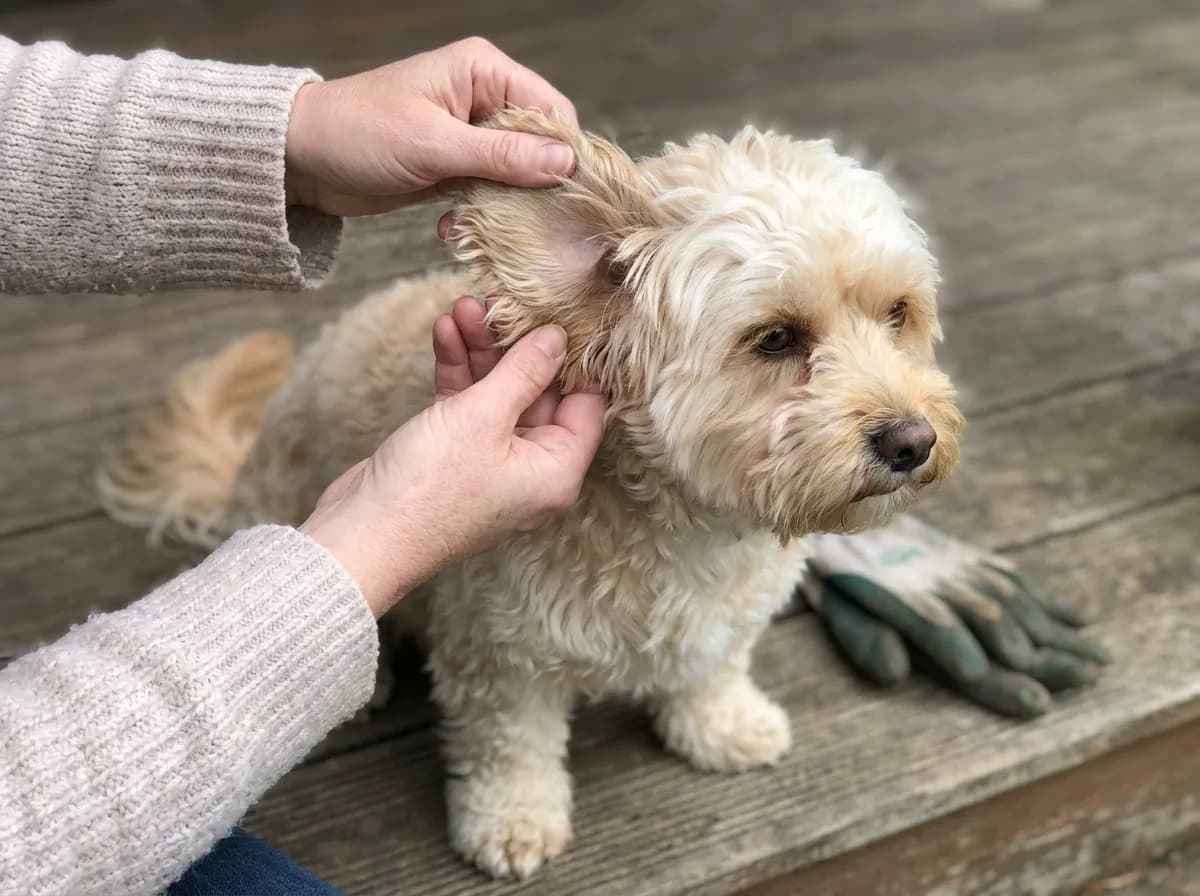 Owner gently looking at a cream dog’s ear