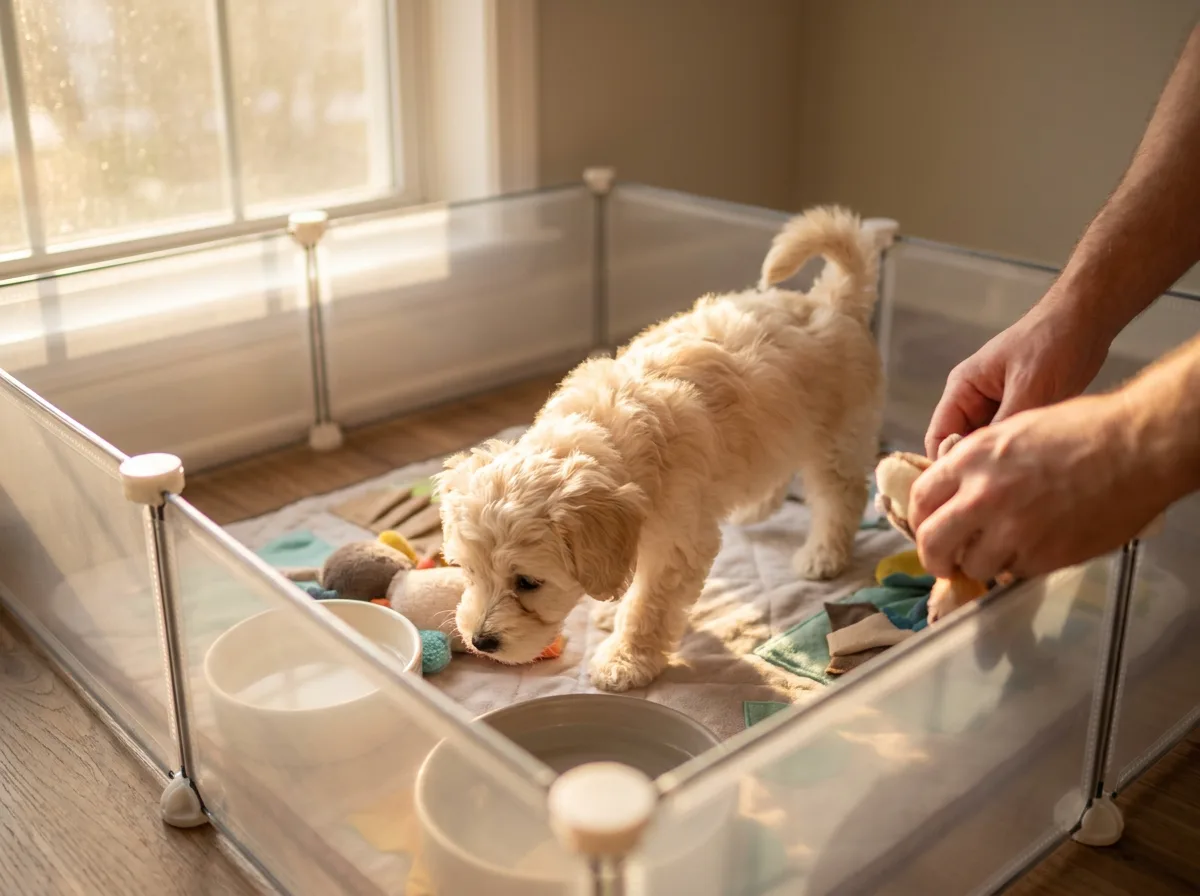 Cream puppy exploring a pen near an owner