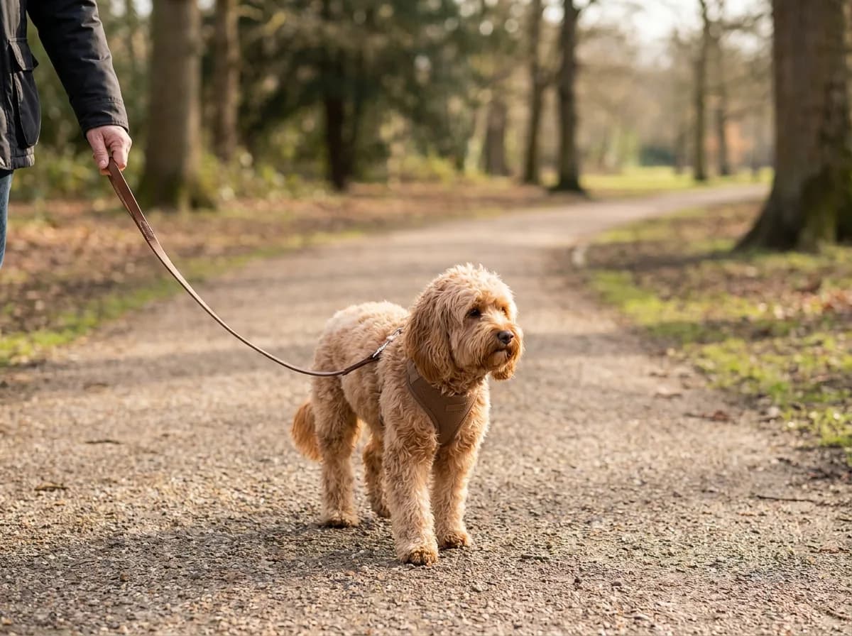 Apricot dog wearing a harness on a relaxed park walk
