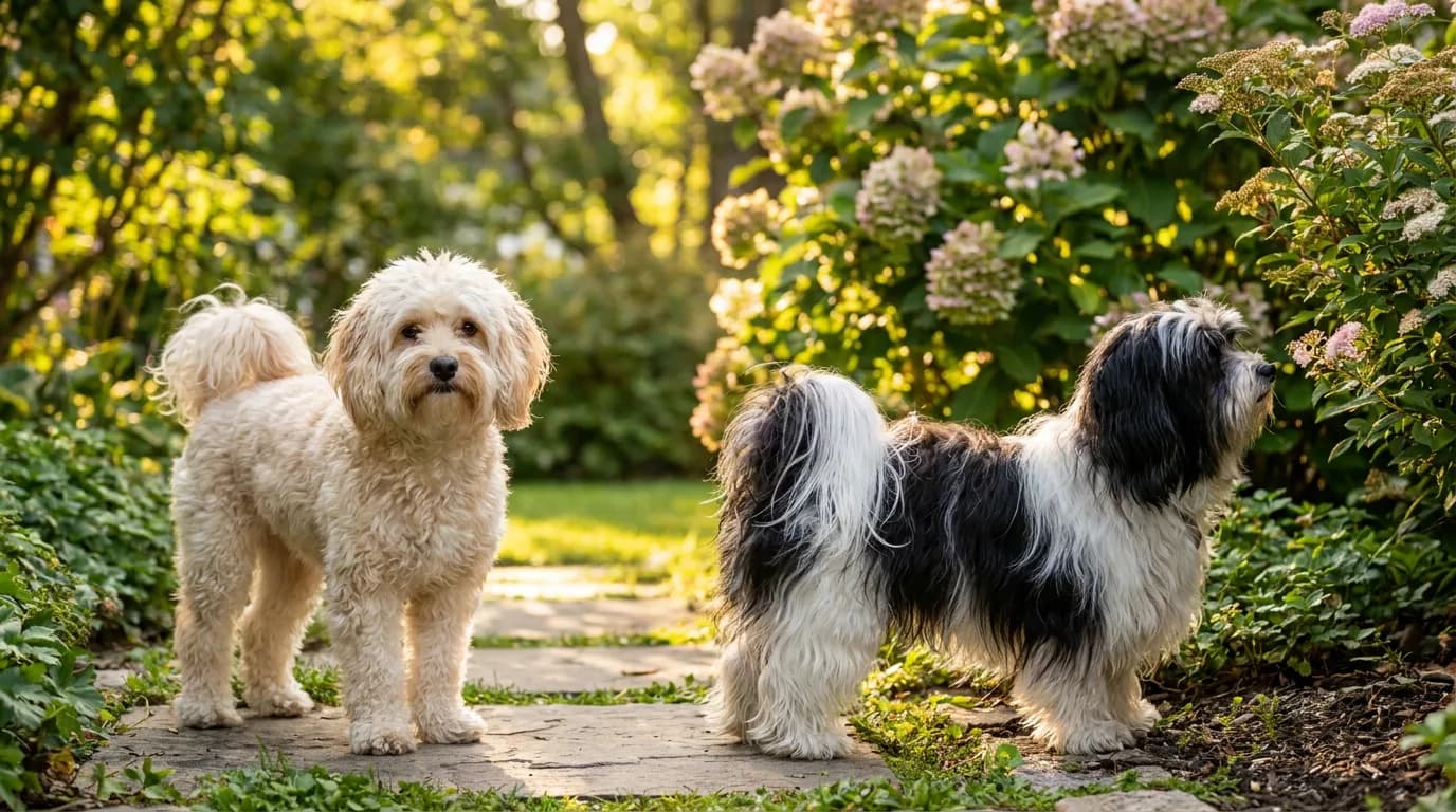 Cream wavy dog beside a long-coated black-and-white Havanese illustration