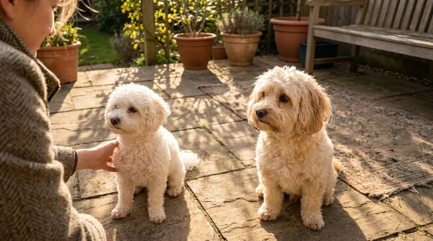White curly dog and apricot wavy dog sitting on a stone patio