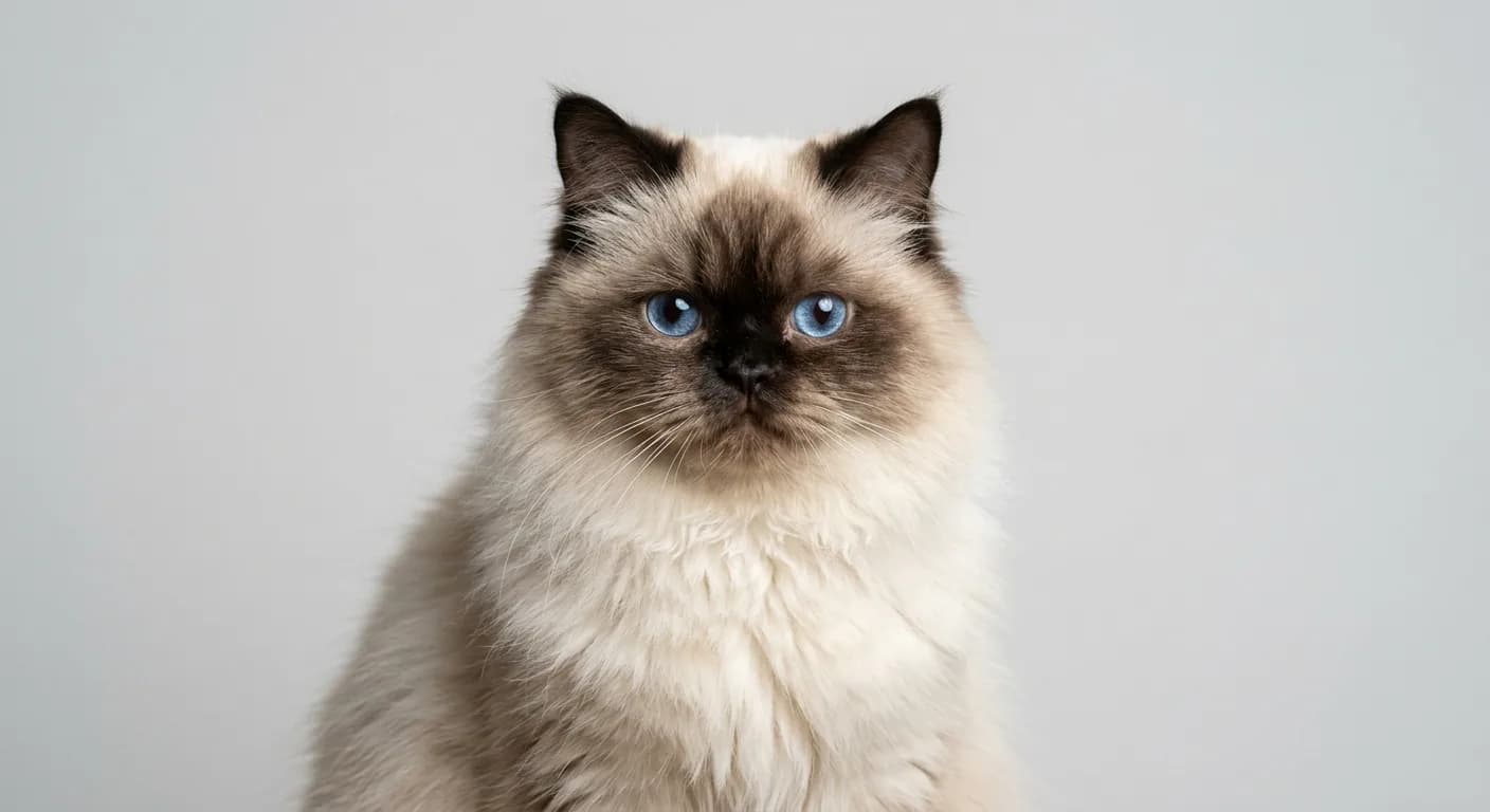 A seal point Himalayan cat head portrait with a creamy body, deep dark-brown points on the ears and face, and large round blue eyes