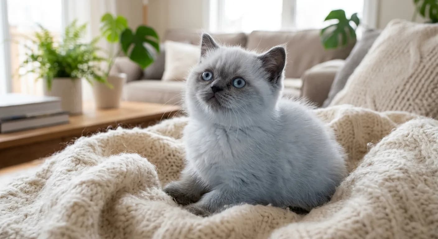 A fluffy blue point Himalayan kitten with developing slate-gray points, a flat face, and big round blue eyes sitting in a cozy blanket