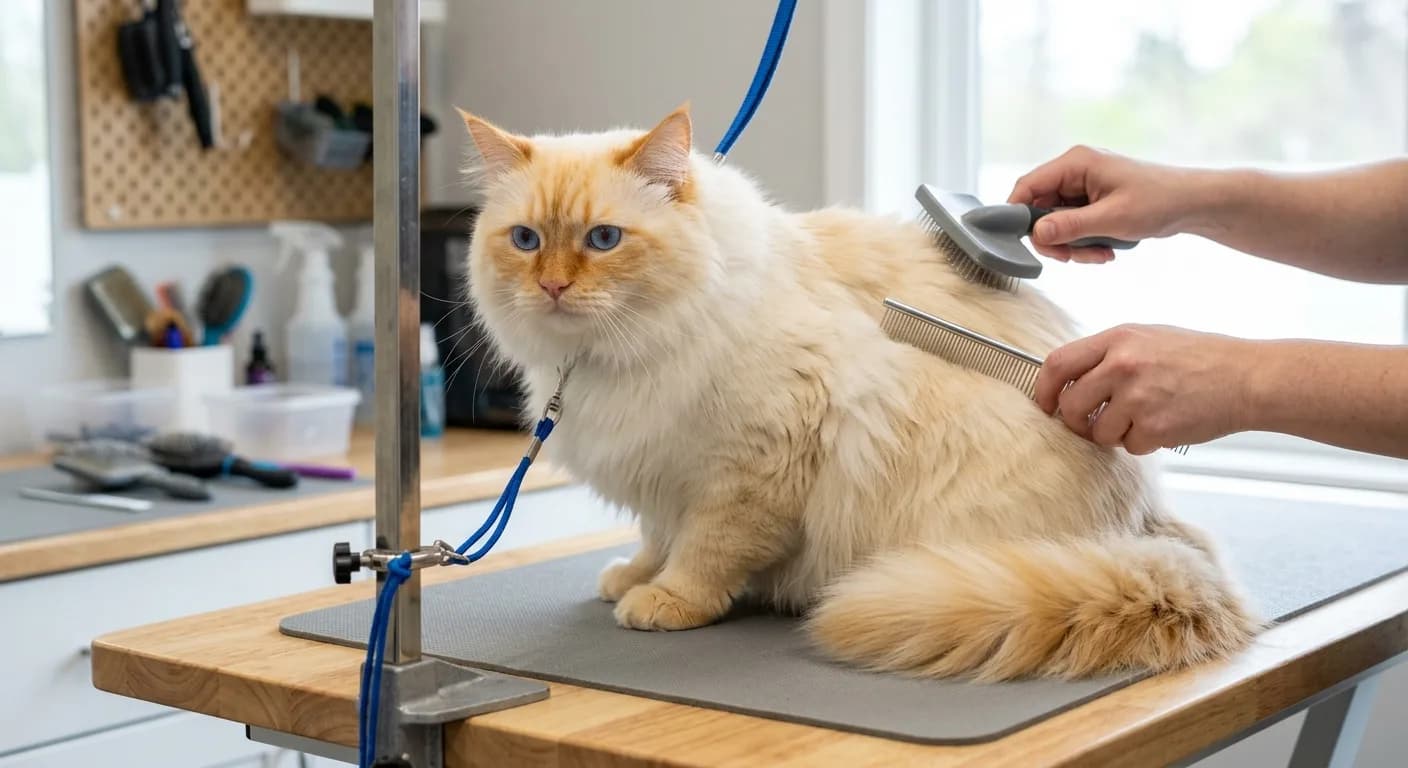 An adult flame point Himalayan cat with creamy fur and reddish-orange points being professionally groomed and combed