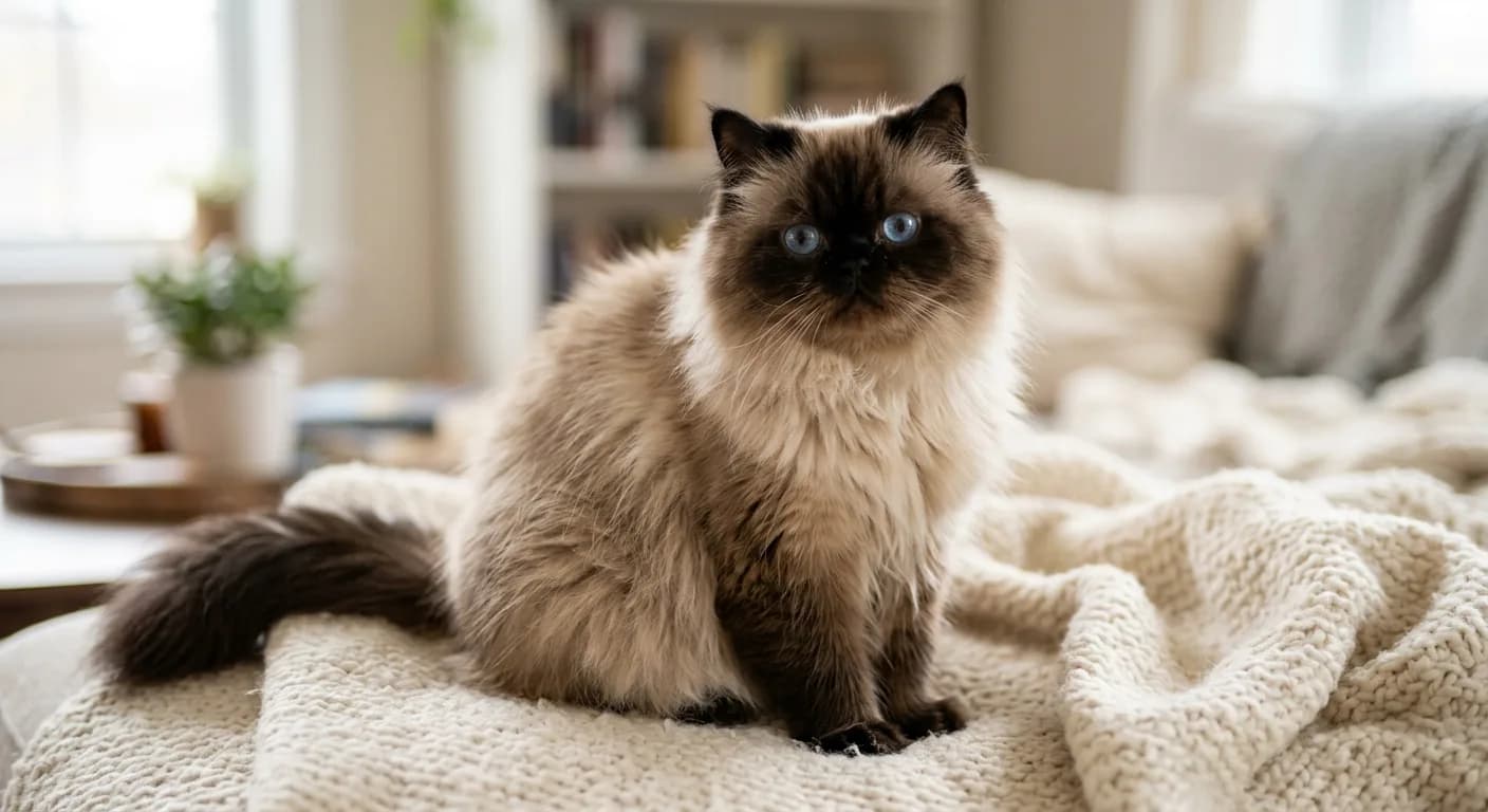 A seal point Himalayan cat with a cream body, dark seal-brown points, a flat face, long plush coat, and large round blue eyes on a soft blanket
