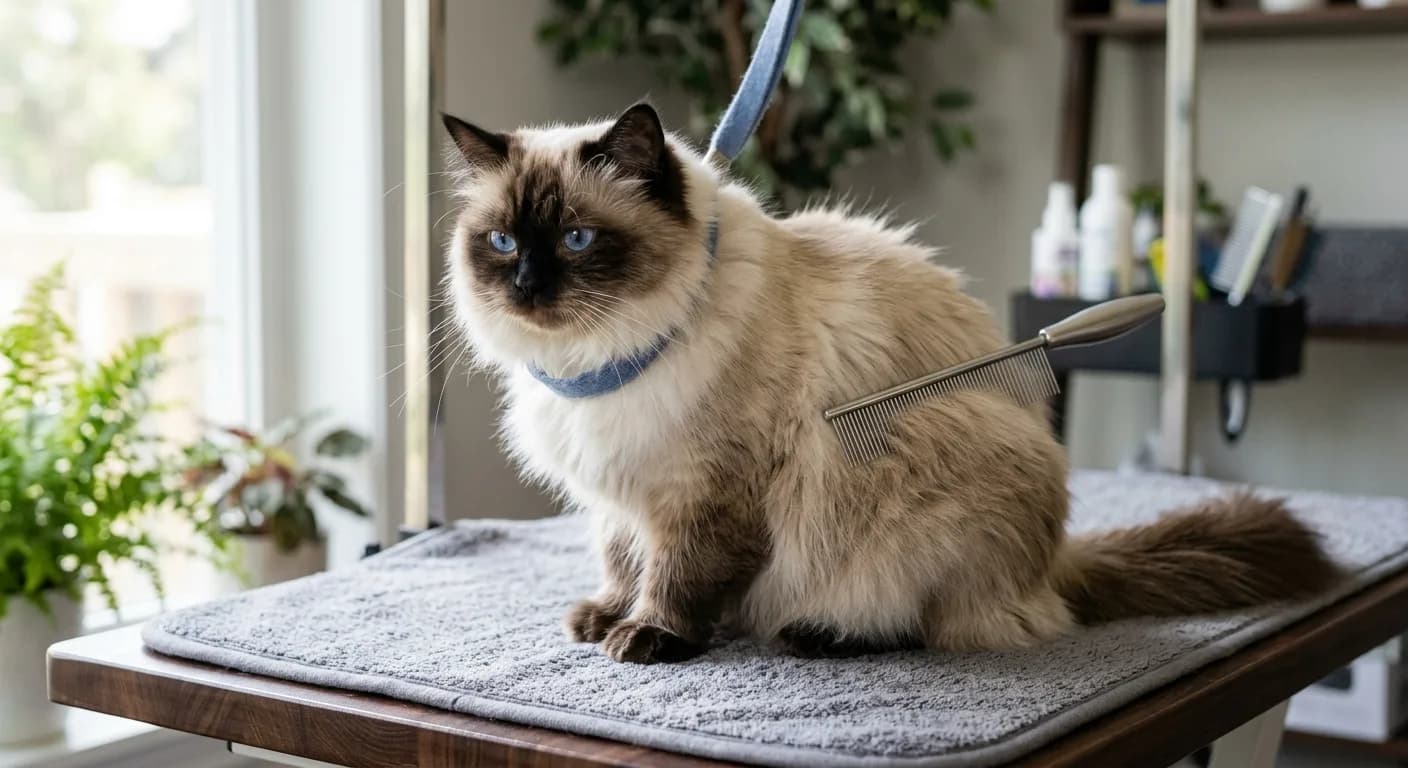 A long-haired seal point Himalayan cat being gently combed with a grooming comb to prevent its dense coat from matting