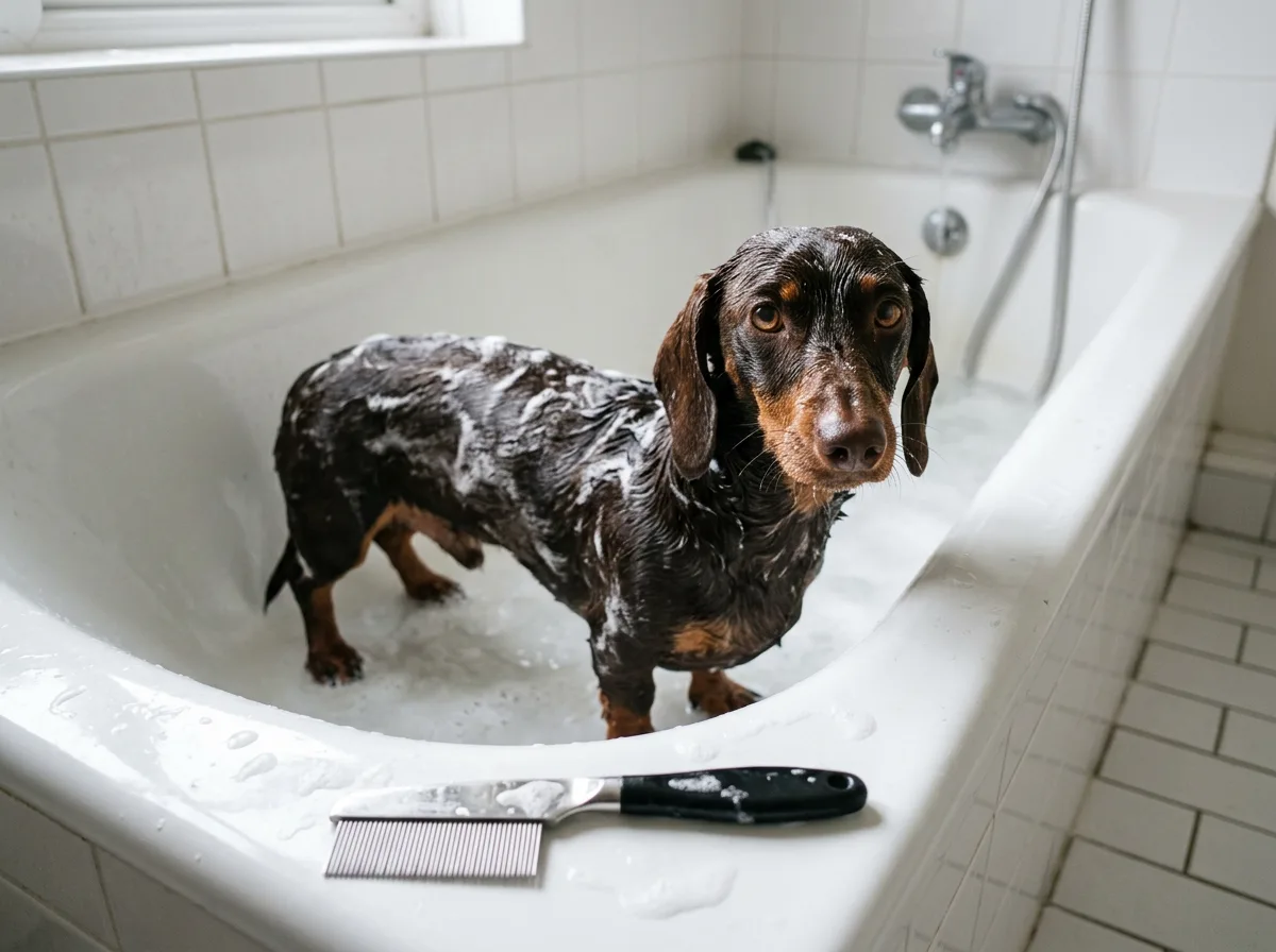 Wet dachshund covered in shampoo suds standing in a white bathtub with a metal flea comb resting on the tub rim.