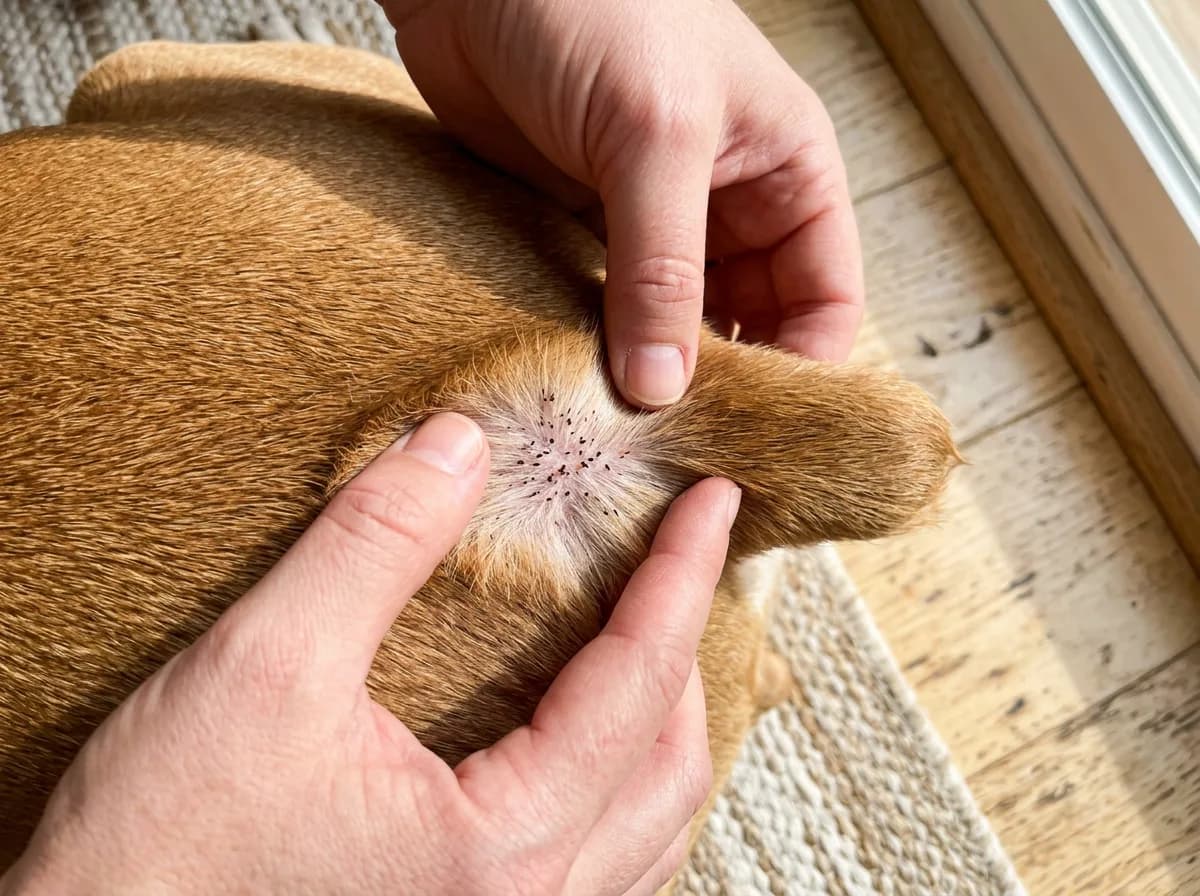 Human hands parting a tan dog's fur to reveal skin dotted with tiny dark flea-dirt specks in a small cleared patch.