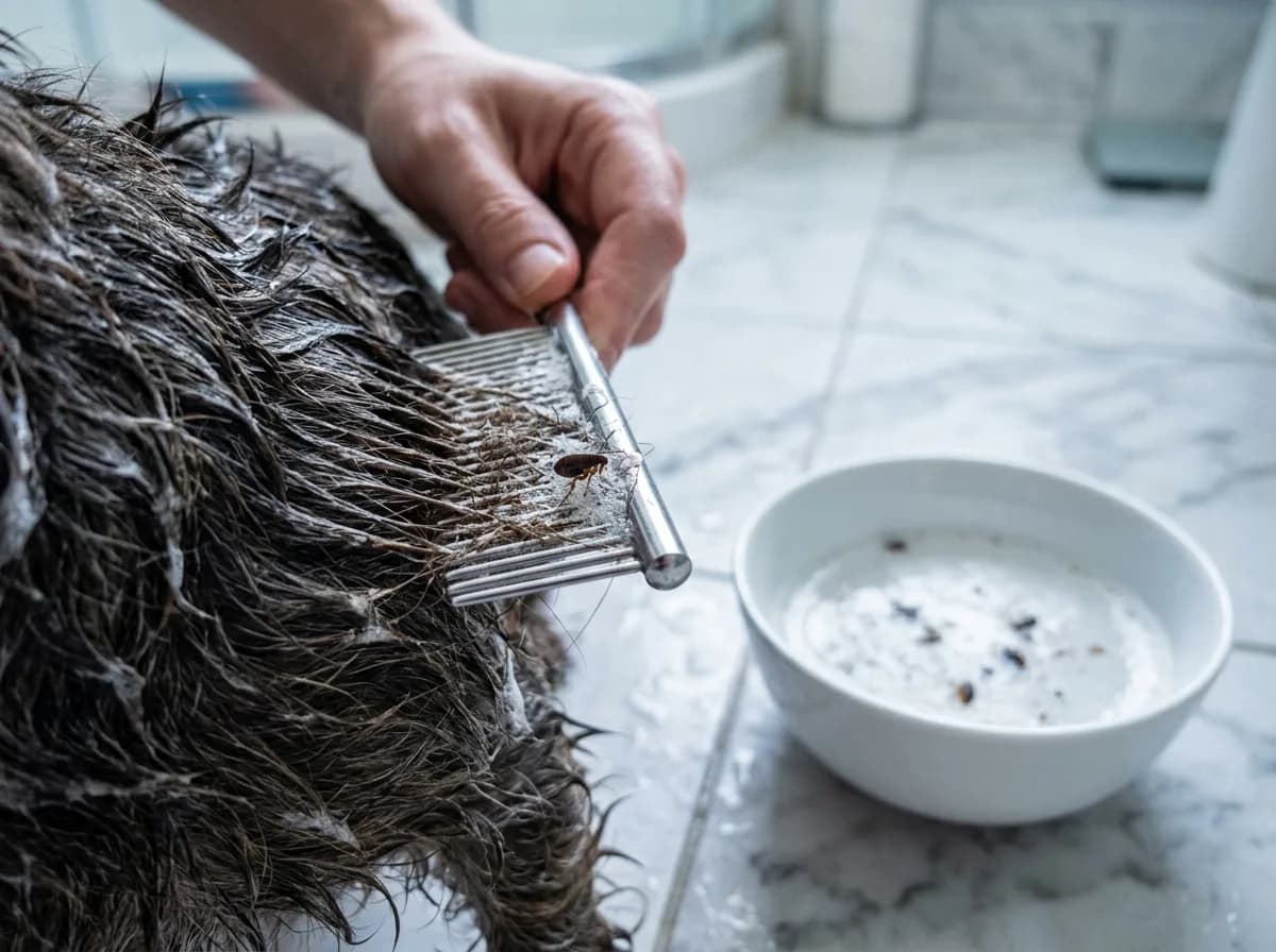 Hand combing a wet dog with a metal flea comb, fleas caught in the teeth beside a white bowl of soapy water and debris.