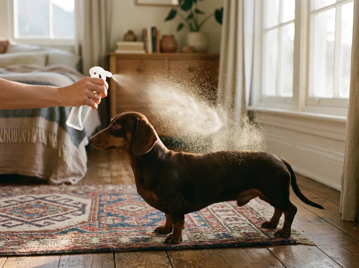A person sprays a mist from a clear spray bottle over a brown dachshund standing on a patterned rug in a sunlit bedroom.