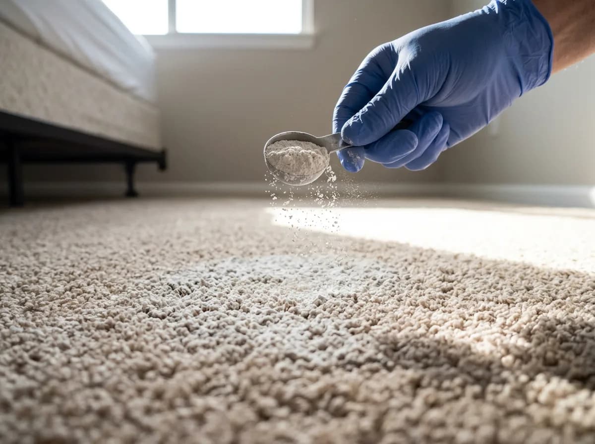 Blue-gloved hand sprinkling white powder from a spoon onto beige bedroom carpet next to a bed frame.