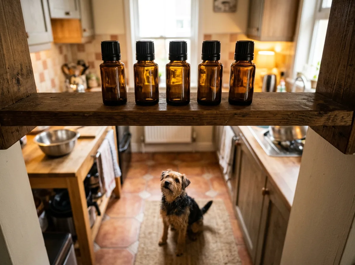 Five amber dropper bottles lined up on a wooden shelf in a kitchen with a small terrier sitting on the floor below looking up.