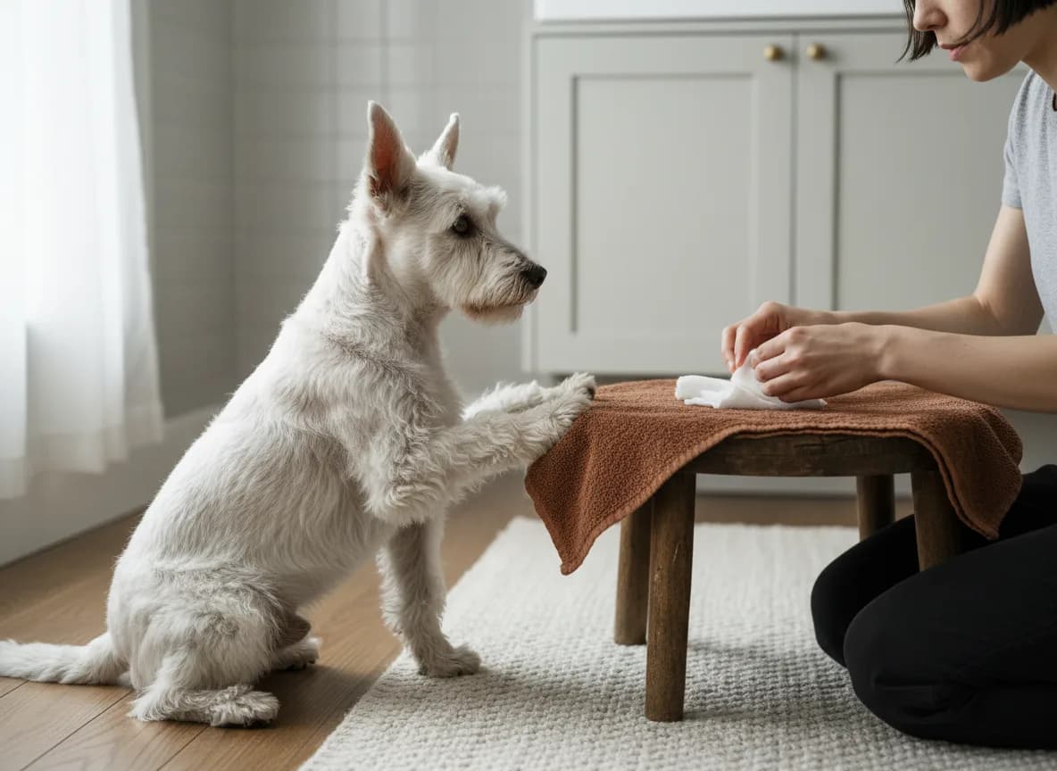 White terrier watching an owner prepare clean gauze on a towel.