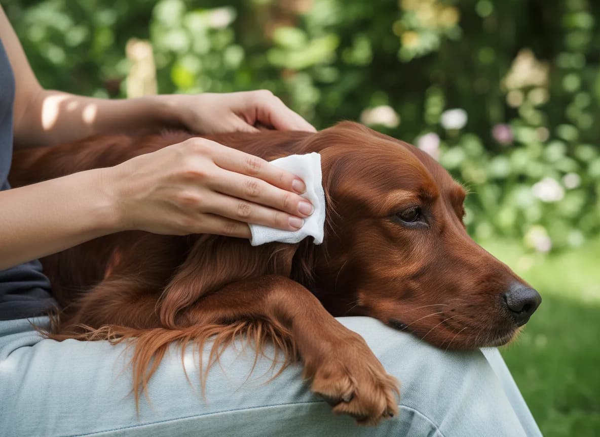 Owner gently wiping the visible ear flap of a red setter with clean gauze.