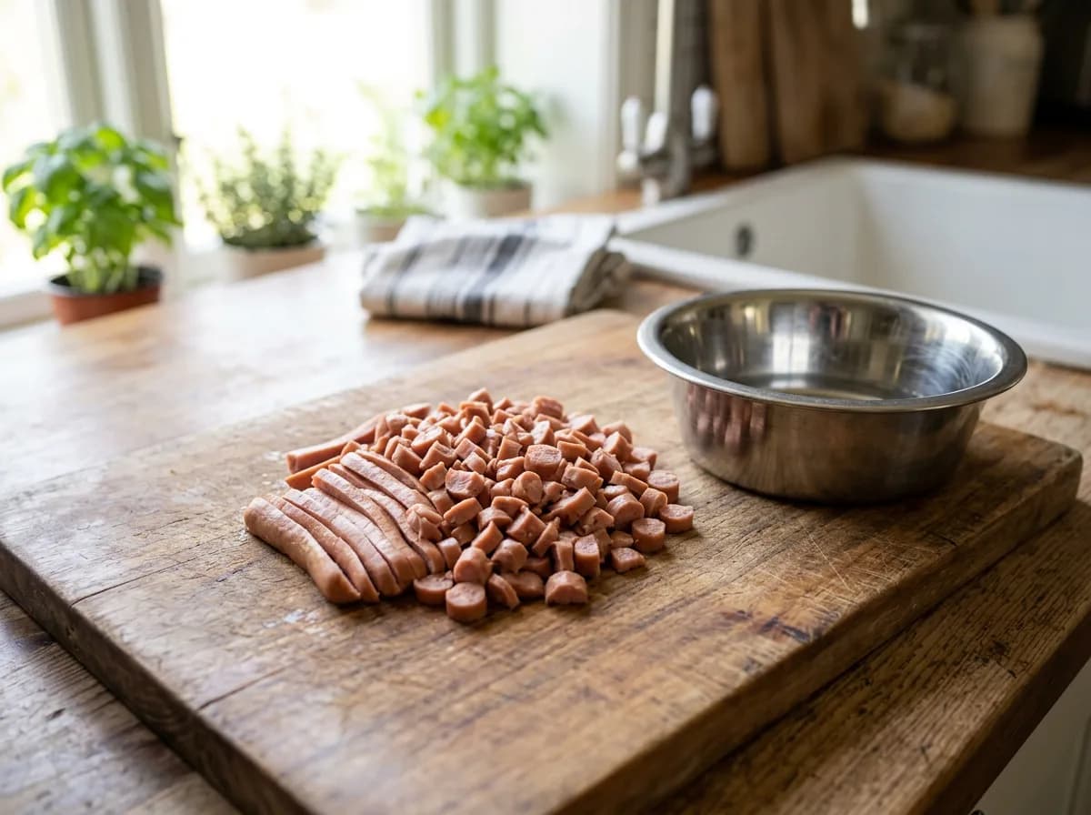 A plain cooked hot dog cut lengthwise into small pea-sized pieces for safe dog serving sizes
