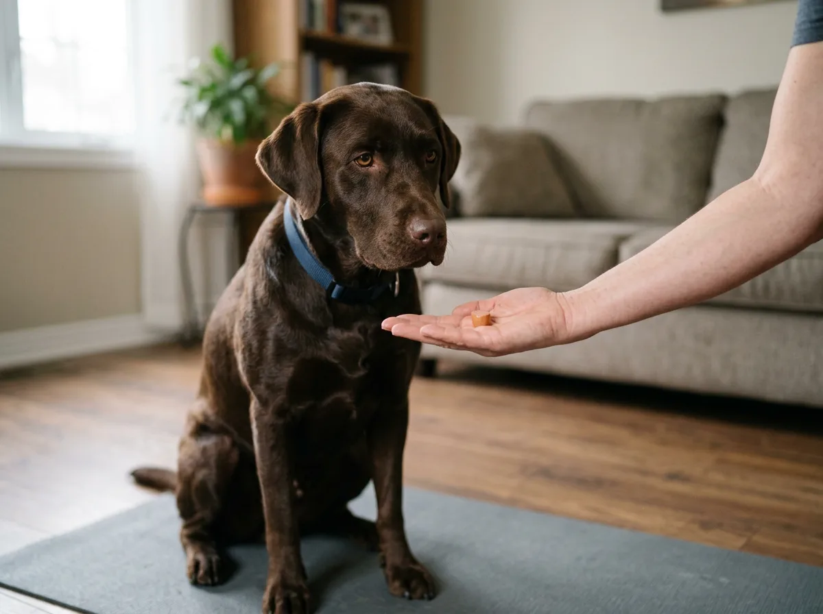 A Labrador taking a tiny piece of plain hot dog as a high-value training treat