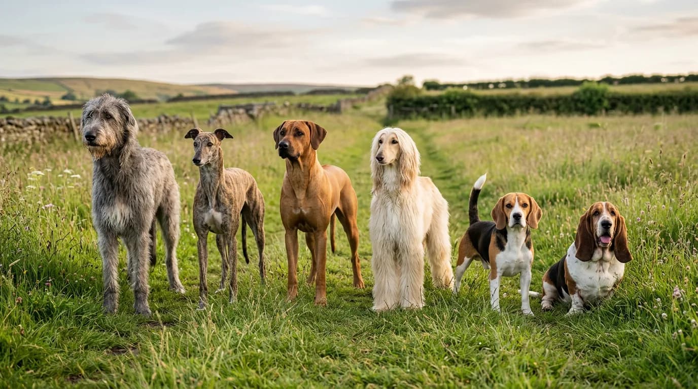 A group portrait of six different hound dogs side by side on a grassy field, from a tall Irish Wolfhound down to a low Basset Hound, showing the range
