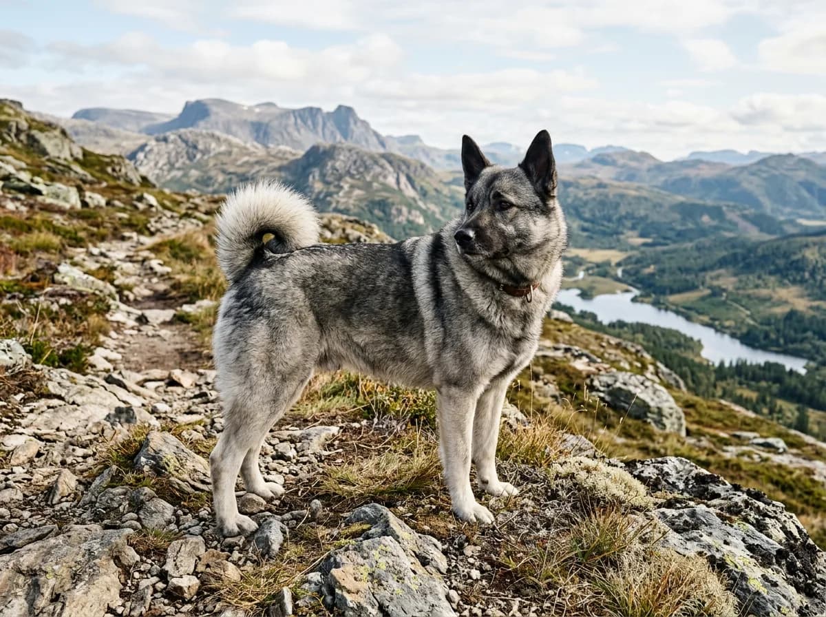 A gray Norwegian Elkhound with a thick spitz-like double coat and curled tail standing on a rocky hillside