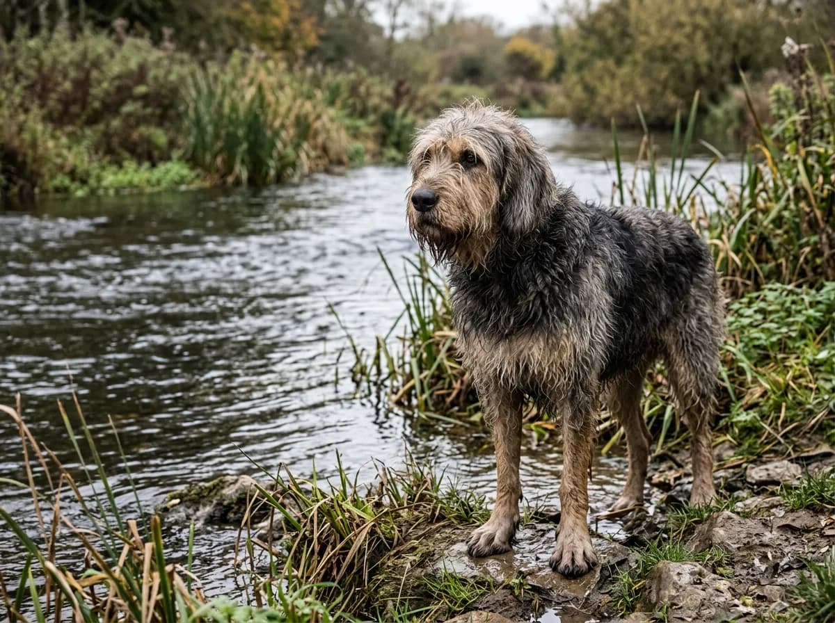 A shaggy rough-coated Otterhound standing beside water, dense weatherproof coat and webbed feet visible