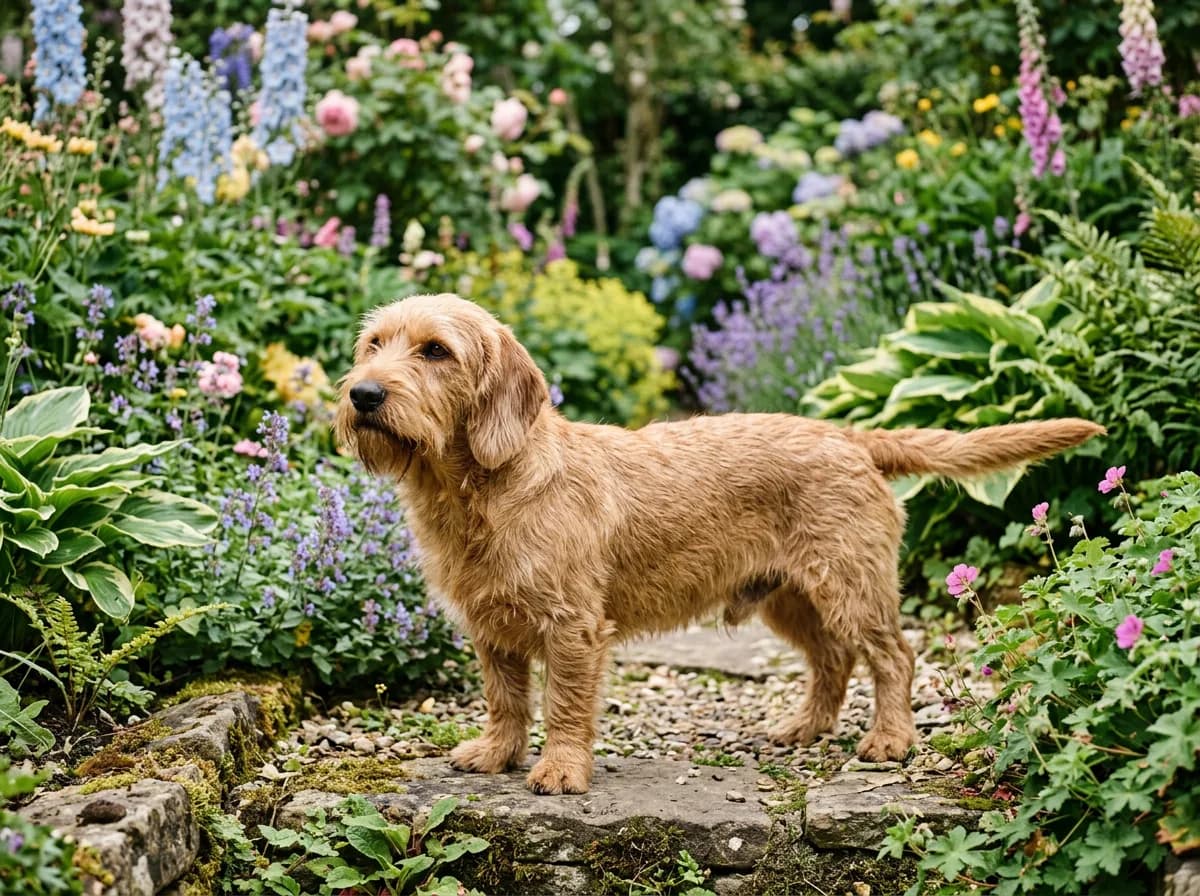A wiry fawn-coated Basset Fauve de Bretagne standing in a garden, short-legged and compact with a scruffy beard