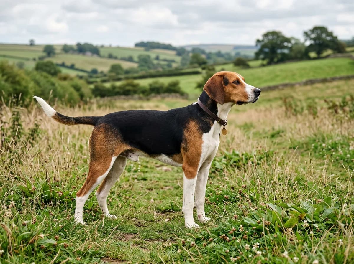 A tricolor Harrier standing on open pasture, resembling a mid-sized Beagle with a lean athletic build