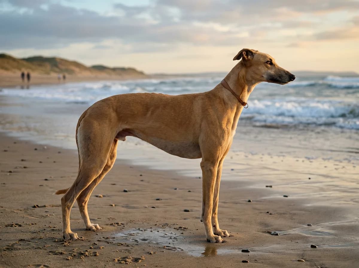 A fawn Greyhound standing in profile on a beach, deep chest and tucked waist showing the classic sighthound outline
