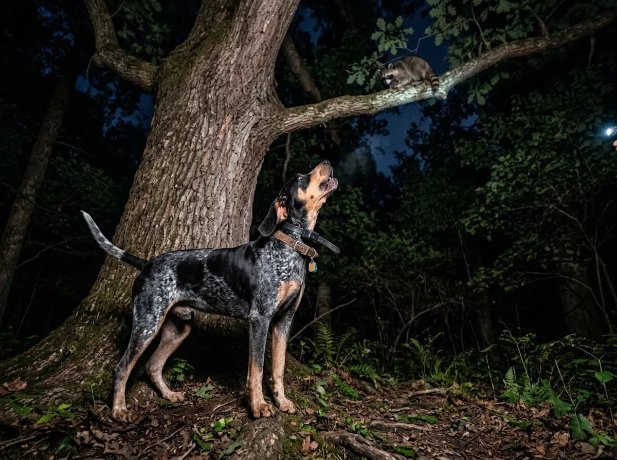 A Bluetick Coonhound with mottled blue-ticked coat standing at the base of a tree, head raised as if treeing game at night