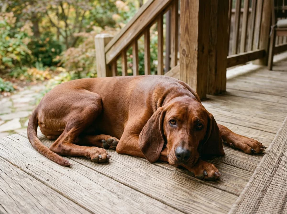 A Redbone Coonhound with a glossy solid-red coat lying on a wooden porch, ears draped and a soft expression