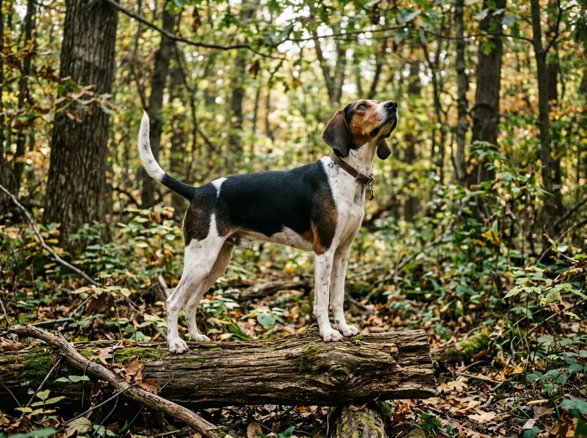 A tricolor Treeing Walker Coonhound standing alert on a fallen log in the forest, tail high, gazing up into the canopy