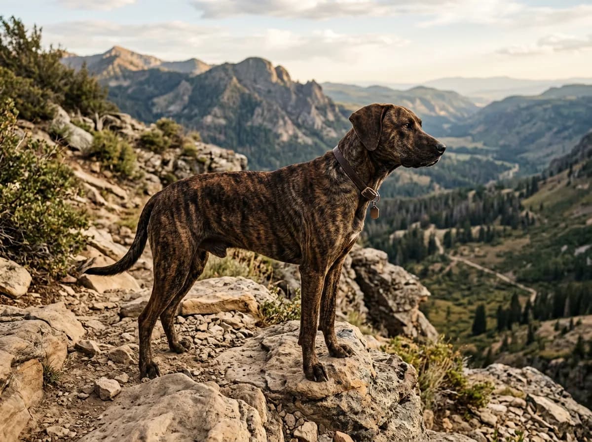 A brindle Plott Hound standing on a rocky ridge, muscular and lean, ears forward, scanning downhill