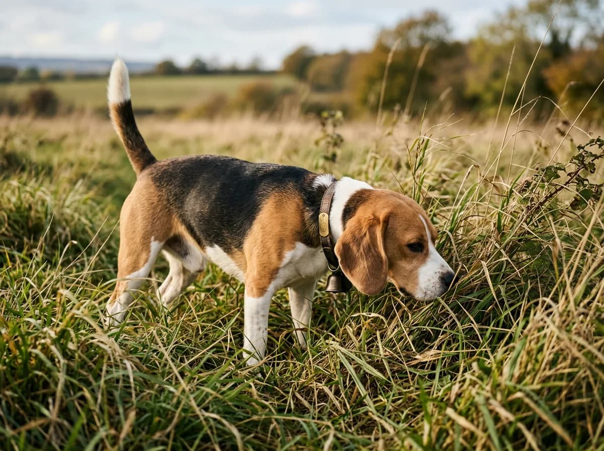 A tricolor Beagle standing in tall grass with its nose to the ground, ears hanging forward, tail up in a classic tracking pose
