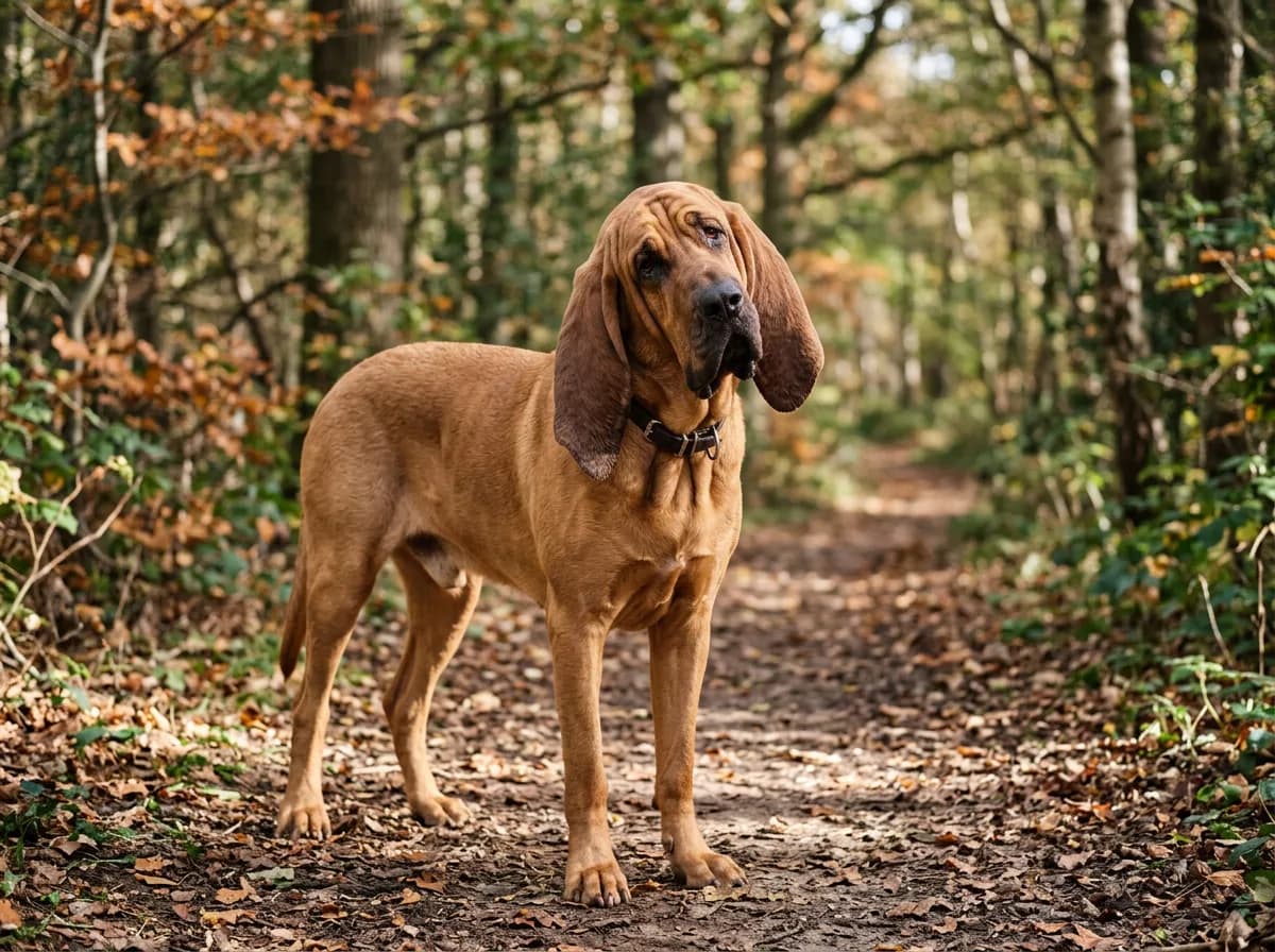 A large Bloodhound with heavy facial wrinkles and long drooping ears, head tilted, standing on a woodland trail
