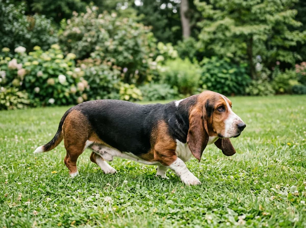 A tricolor Basset Hound with very long ears and short legs walking across a lawn, loose skin swaying