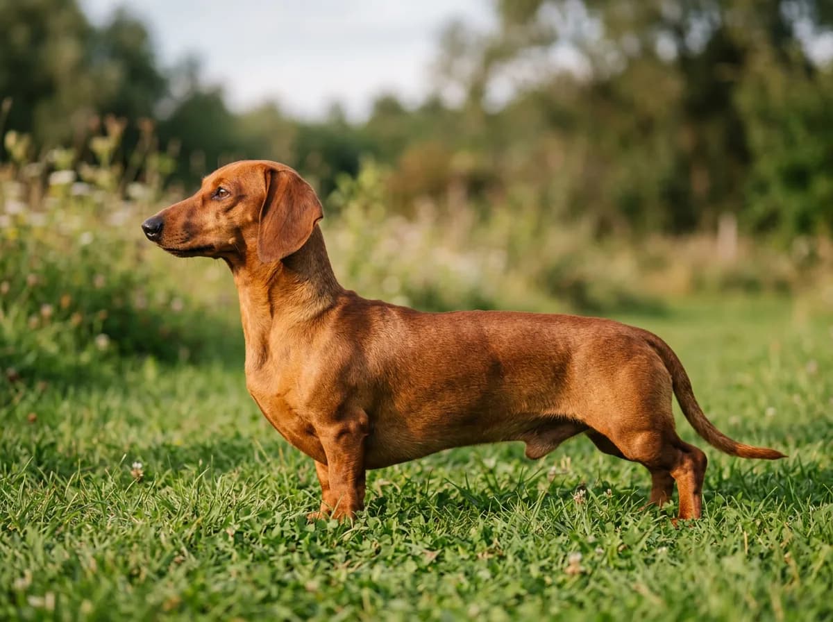 A smooth red Dachshund standing alert on grass, long low body in profile, showing the classic hound silhouette