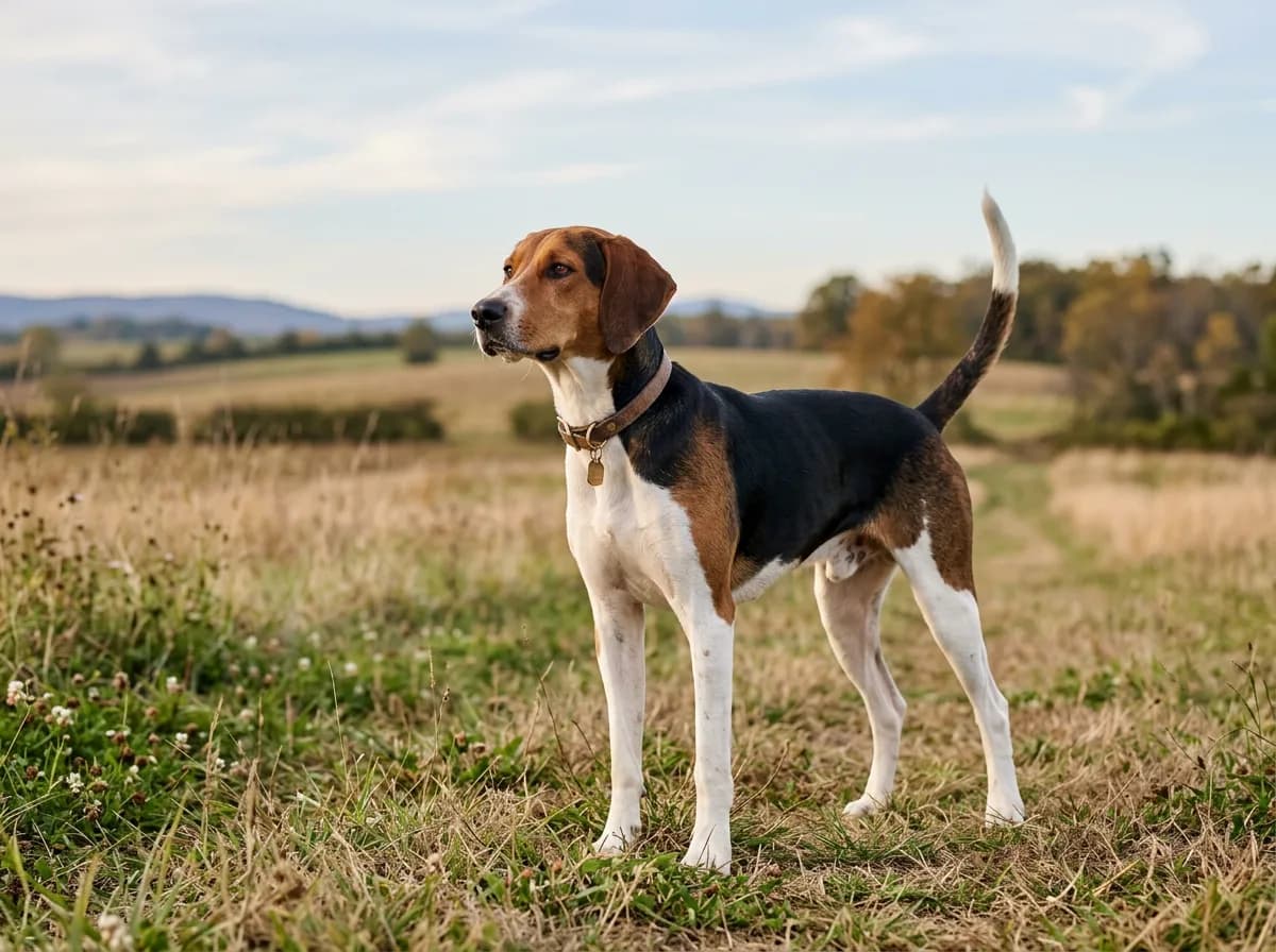 A tricolor American Foxhound standing in an open field, tall and lean with a long tail held high