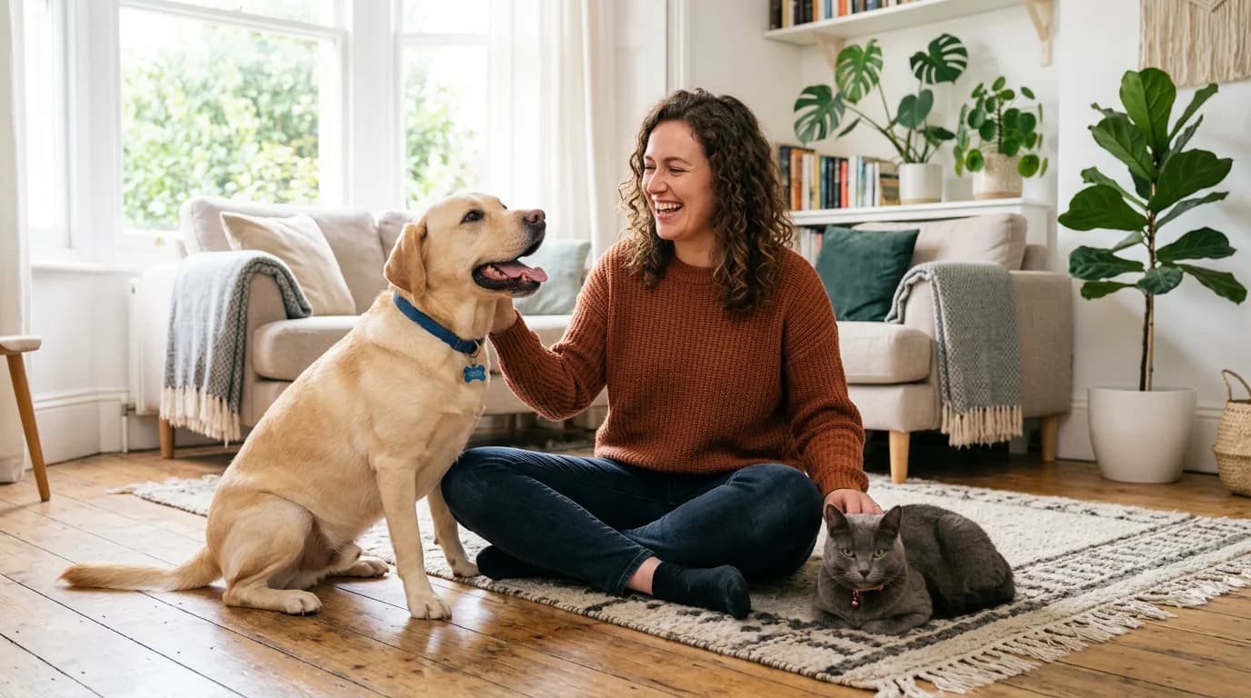 A pet sitter sitting on a living-room floor with a labrador and a gray cat, both relaxed, in a bright home