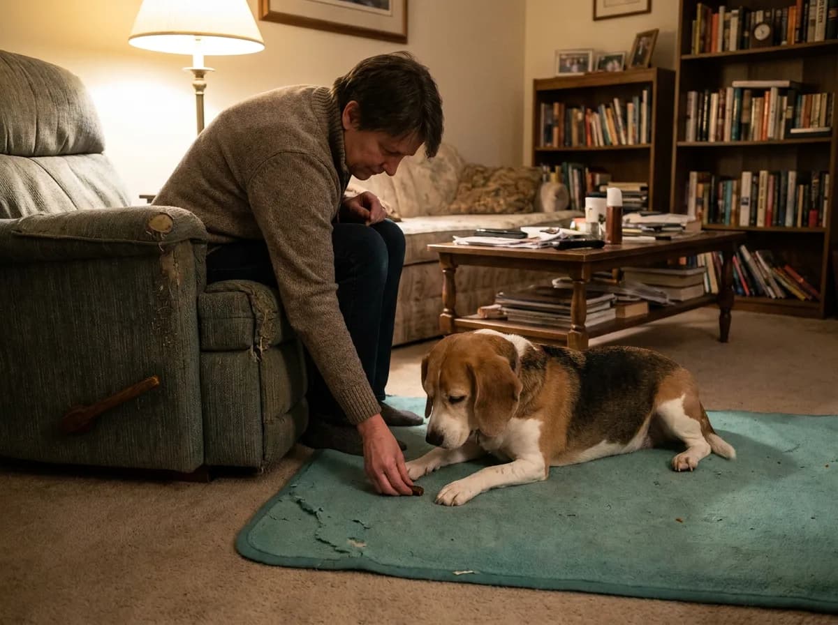 Beagle lying on a teal mat while a person places a reward near its paws