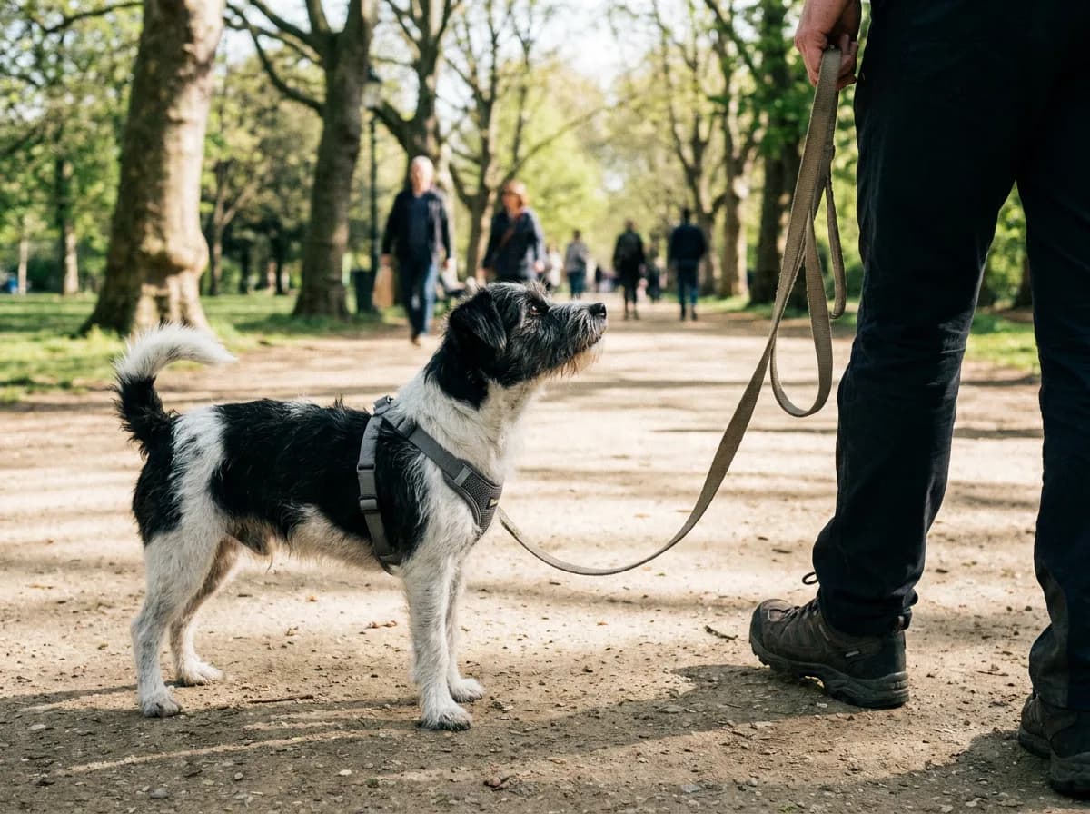 Black-and-white terrier in a harness looking toward its handler on a slack leash