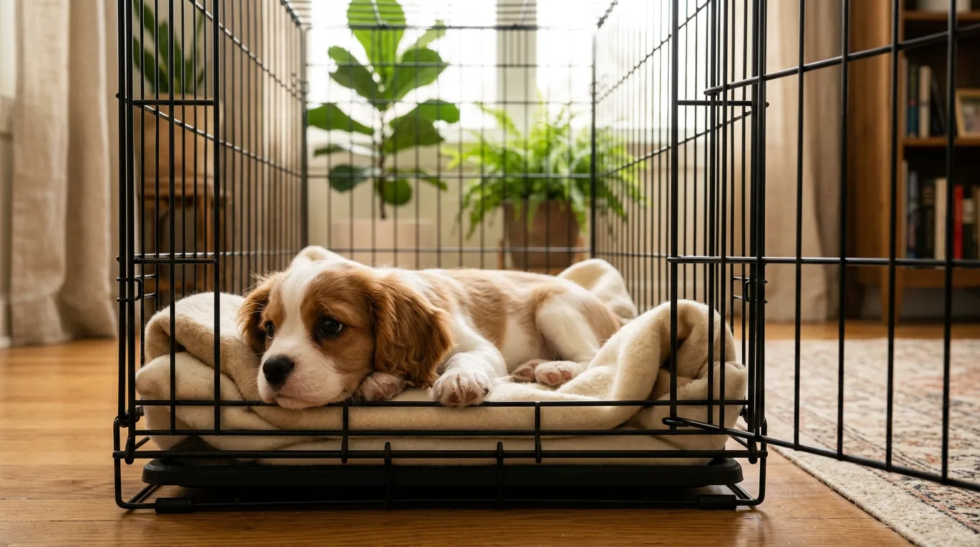 a small tan-and-white puppy lying calmly inside an open wire crate with a soft folded blanket, chin resting on the crate threshold, warm morning light from