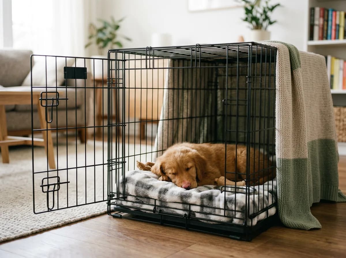 a puppy with a wire dog crate illustrating Why crate training a puppy is worth doing