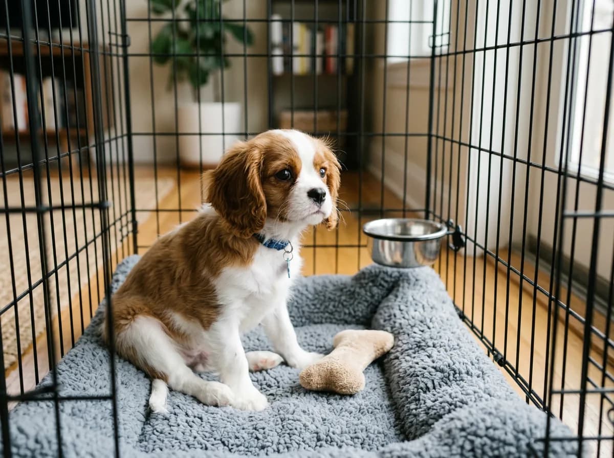 a puppy with a wire dog crate illustrating Step 1: Choose and set up the right crate