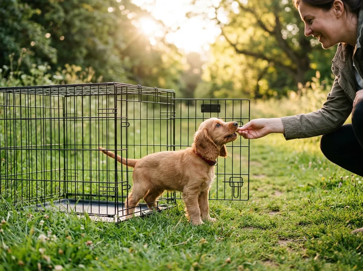 a puppy with a wire dog crate illustrating Step 2: The reward sequence that builds a happy crate