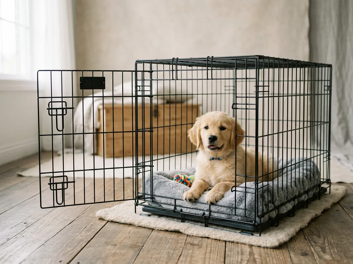 a puppy with a wire dog crate illustrating The day-by-day crate training plan