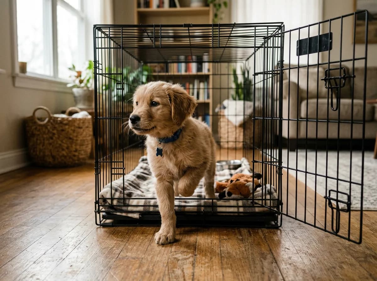a puppy with a wire dog crate illustrating How long can a puppy stay in a crate?