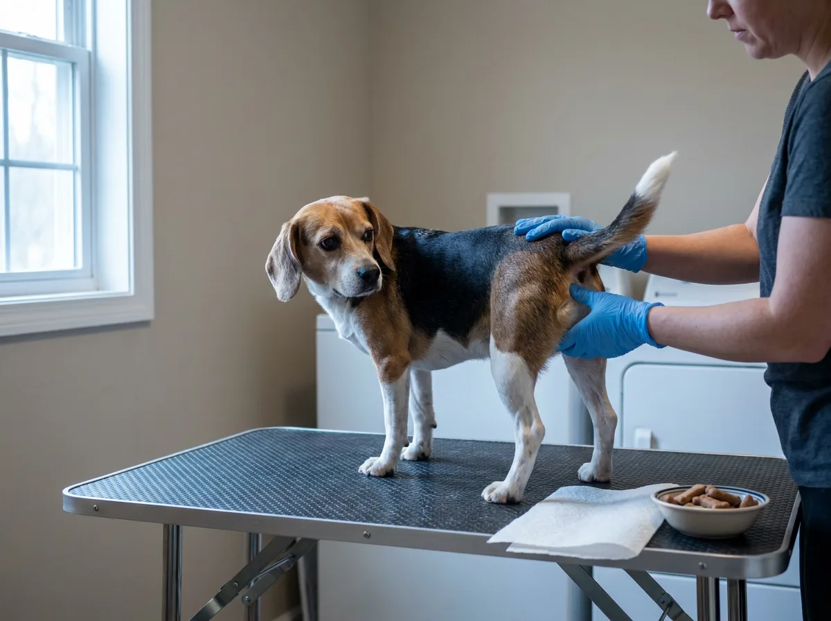A beagle stands on a grooming table in a laundry room while a person in blue gloves steadies its raised tail from behind, with a folded paper towel and a bowl of treats on the table.