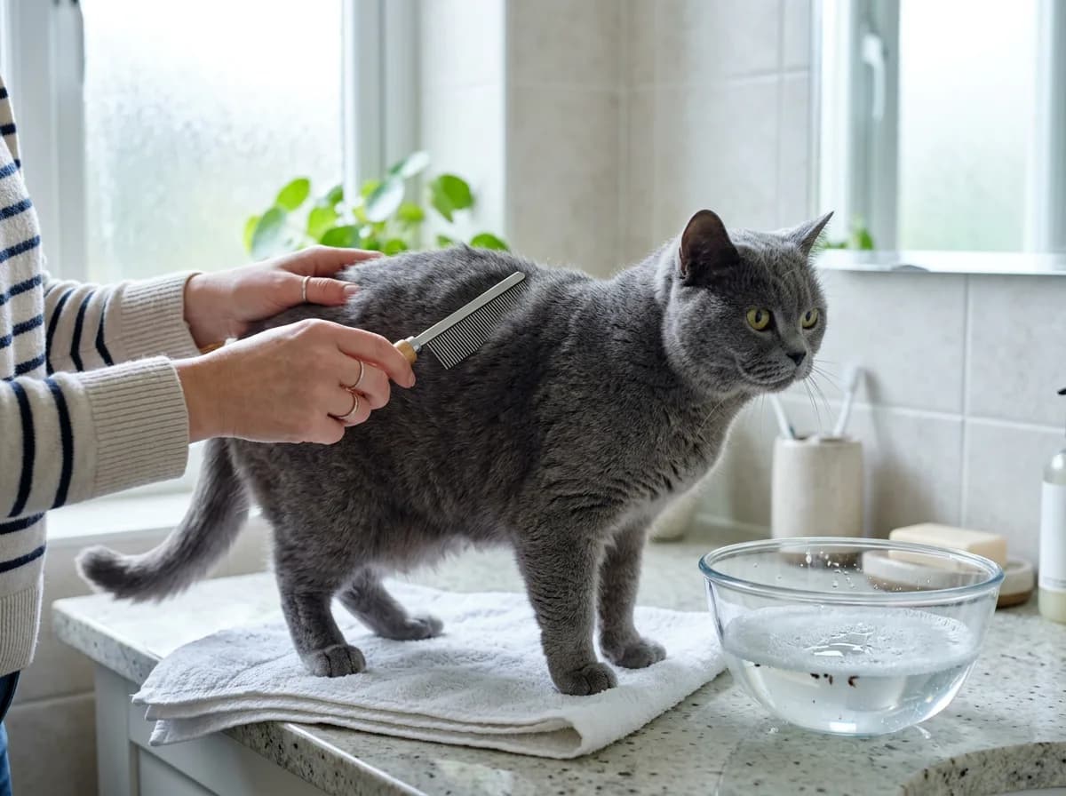 Person combs a gray shorthair cat with a fine-tooth flea comb on a bathroom counter beside a glass bowl of water.