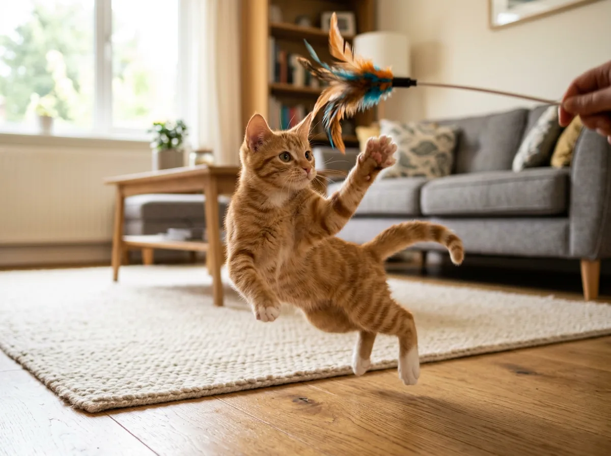 Orange tabby cat leaping to catch a feather wand toy during indoor play
