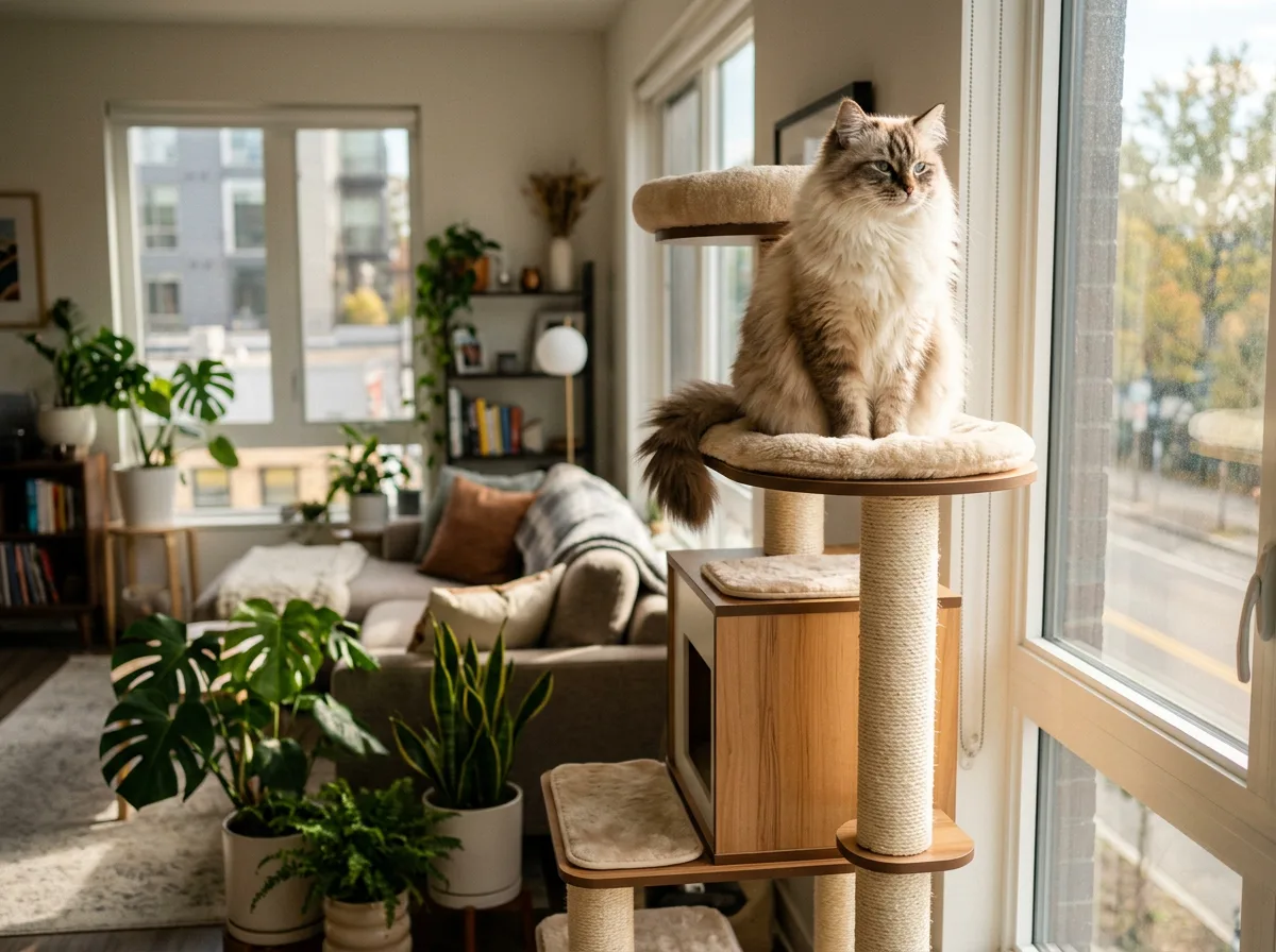 Long-haired cat perched on the top level of a tall cat tree by a window